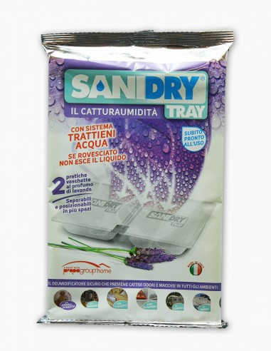 Desecante Hogar. SANIDRY TRAY. Bandeja desecante, olor lavanda. Cloruro cálcico. Pack 10 uds. Absorbentes de humedad