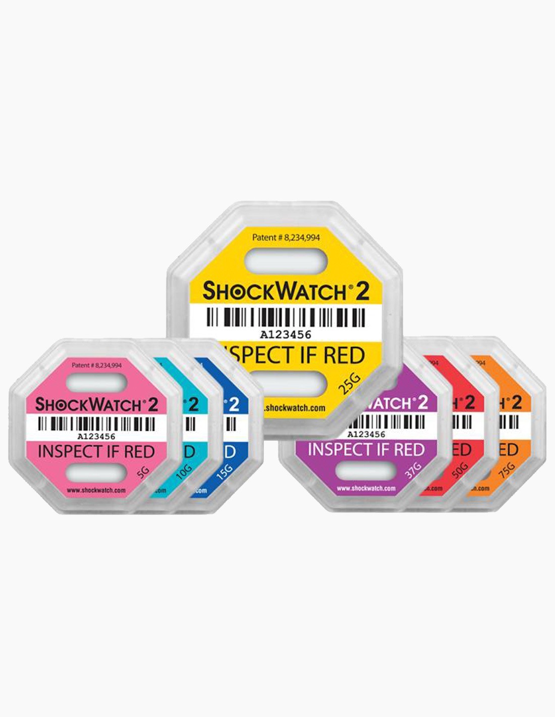 Indicateur de choc, ShockWatch Label, 97 x 97 x 4 mm, 75 g / 50 ms, orange,  Boîte de 50 pièces